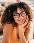 Cambridge Blue Light Blockers in blue tortoise, lifestyle photo