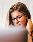 New Haven Blue Light Blockers in shiny brown tortoise frame, lifestyle photo
