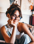 New Haven Blue Light Blockers in shiny brown tortoise frame, lifestyle photo 