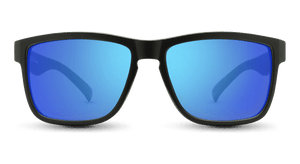 Shenandoah Sunglasses in black frame blue lens, angled view #color_black-frame-blue-lens