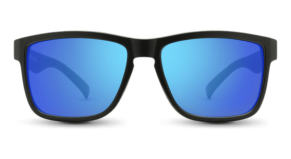 Shenandoah Sunglasses in black frame blue lens, angled view #color_black-frame-blue-lens